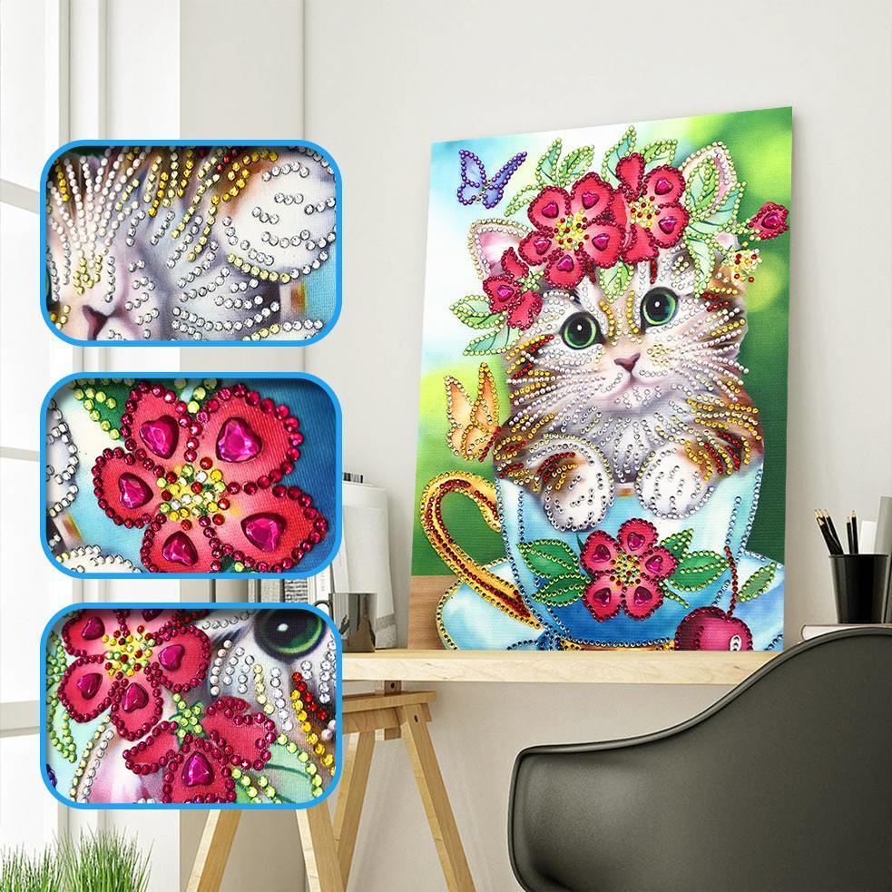 Süße Katze mit Blumen - Spezial Diamond Painting - Diamond Painting