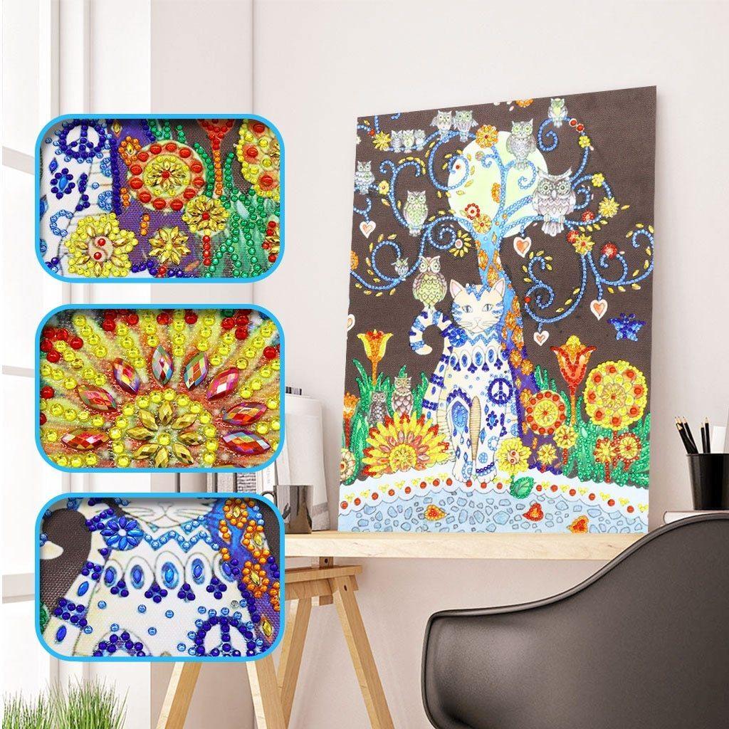 Katze und Eule - Spezial Diamond Painting - Diamond Painting