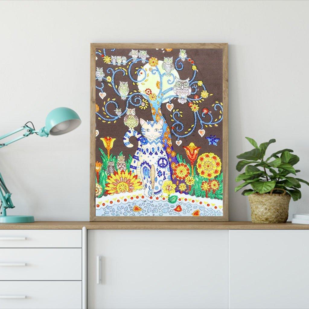 Katze und Eule - Spezial Diamond Painting - Diamond Painting