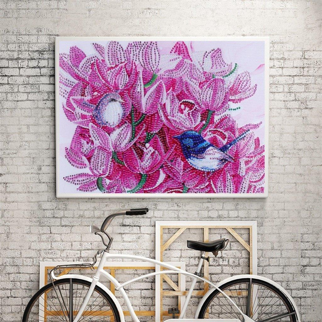 Vögel zwitschern auf rosa Blumen - Diamond Painting