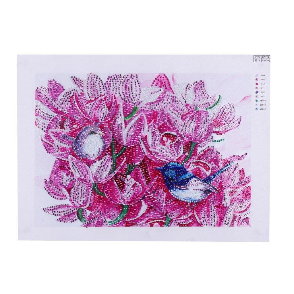 Vögel zwitschern auf rosa Blumen - Diamond Painting