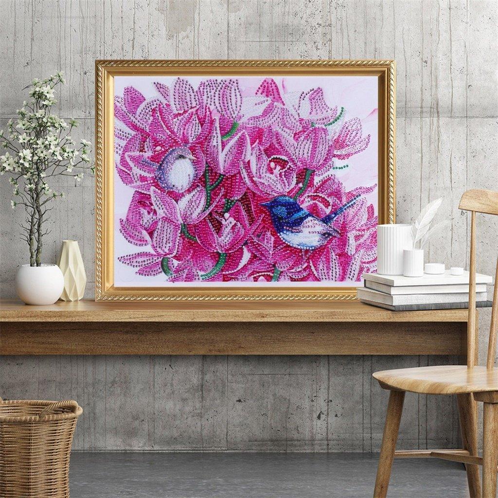 Vögel zwitschern auf rosa Blumen - Diamond Painting