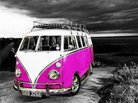 Rosa & Weiß Volkswagen Minibus – diy diamond painting kit - Diamond Painting