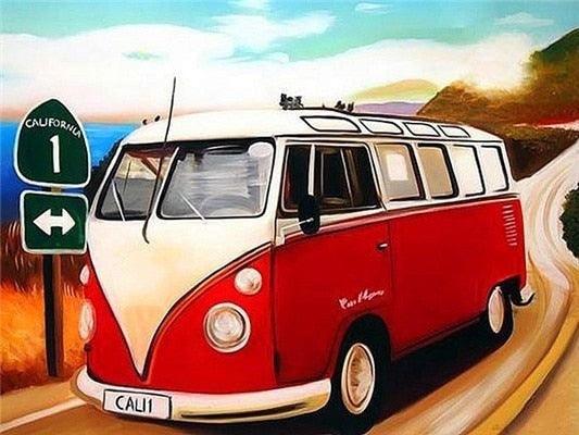 Rot & Weiß Volkswagen Typ 2 – Farbe mit Diamanten - Diamond Painting