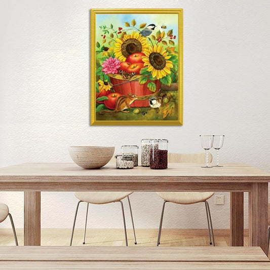Eichhörnchen, Spatz & Sonnenblumen malen - Diamond Painting