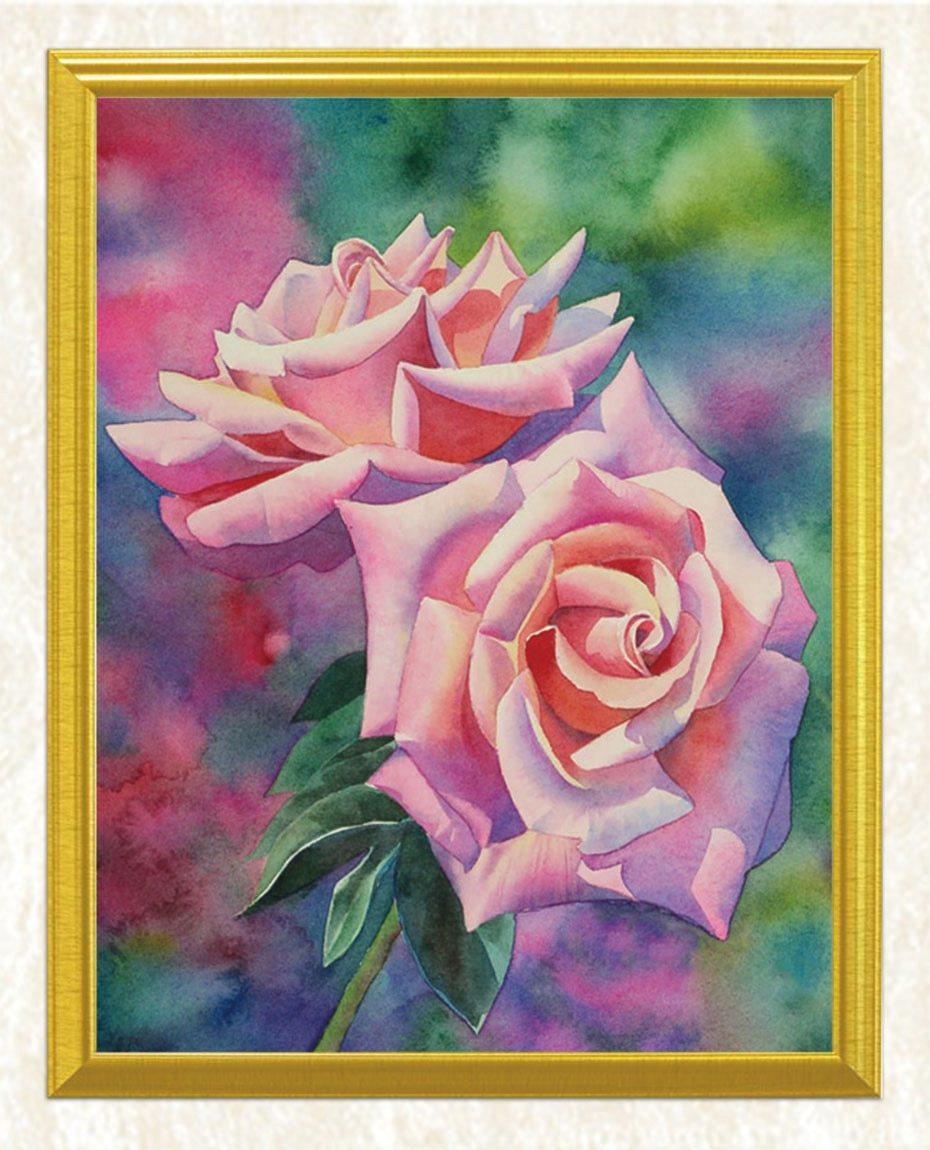 Rosa Rosen u. Grüne Blätter DIY Malerei - Diamond Painting