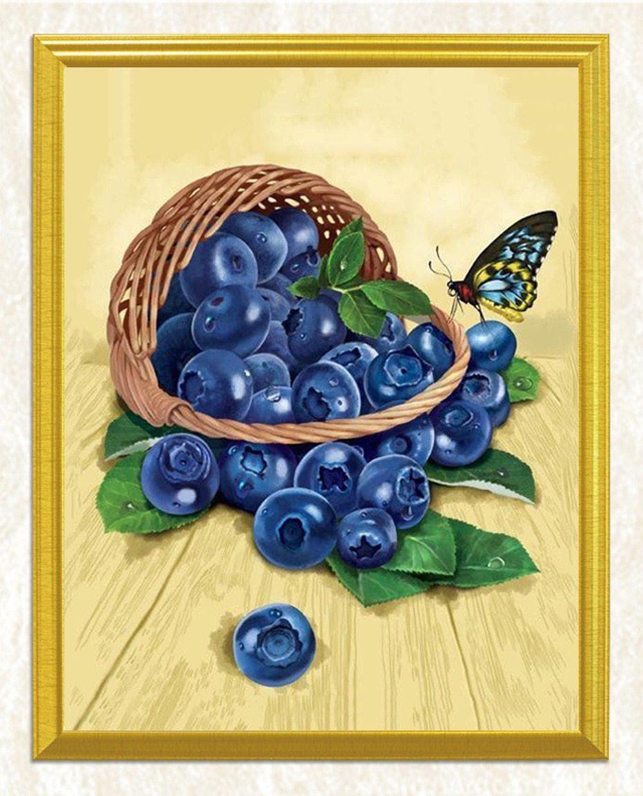 Korb mit Blaubeeren & Schmetterling - Diamond Painting