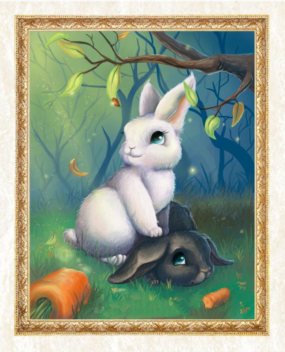 Schwarzweiss Kaninchen im Wald - Diamond Painting