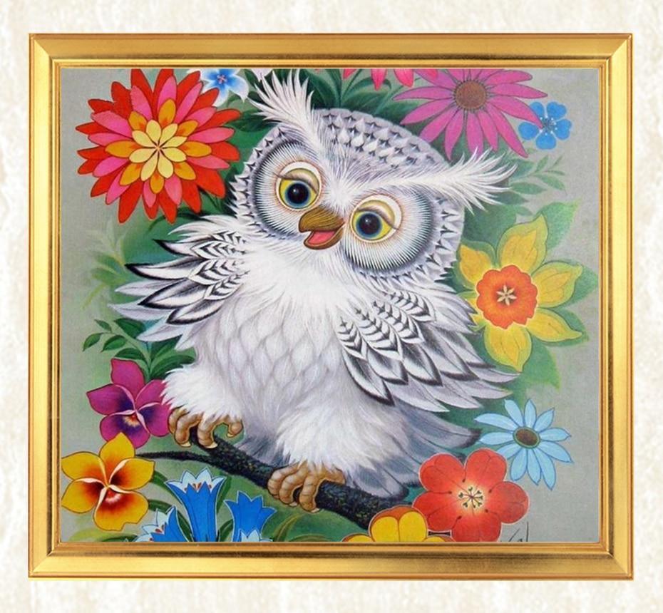 Weiße Eule & bunte Blumen - Diamond Painting