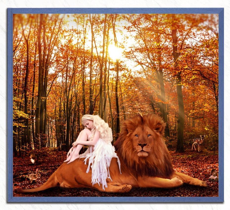 Weißes Mädchen & mächtiger Löwe - Diamond Painting