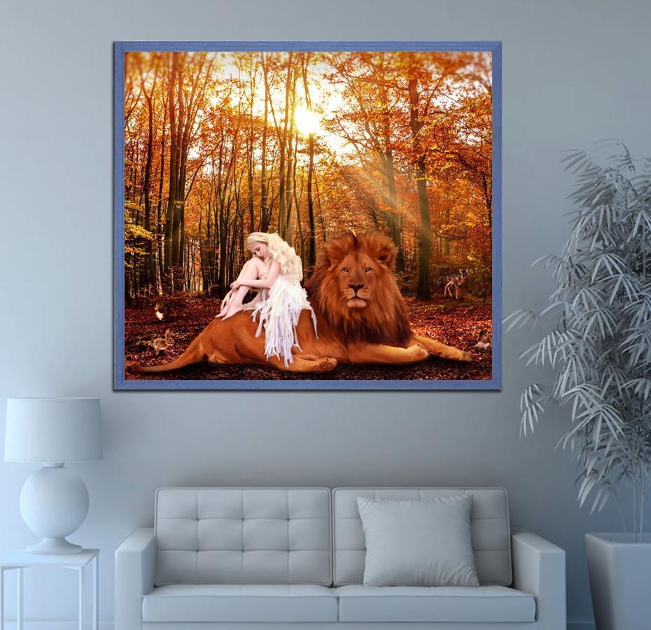 Weißes Mädchen & mächtiger Löwe - Diamond Painting