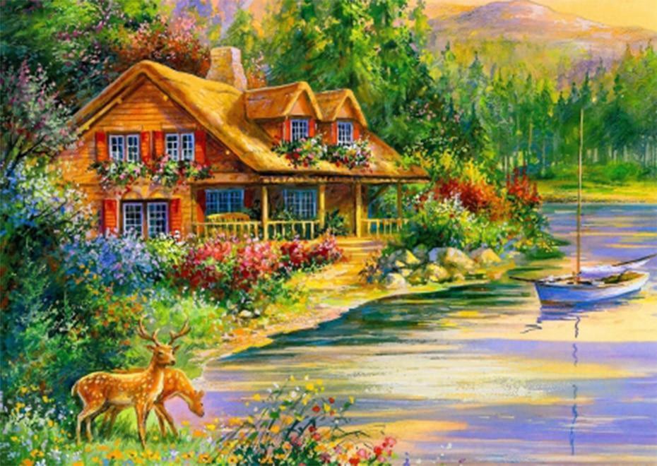 Schönes Haus am Fluss - Diamond Painting