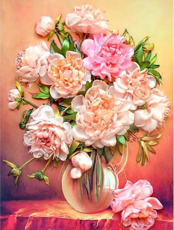 Pfingstrosenblumen in Glasvase DIY Malerei - Diamond Painting
